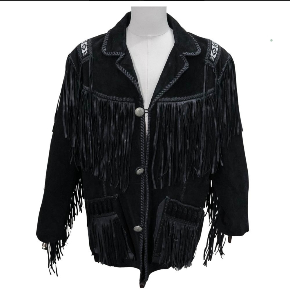 Vintage Scully Leather Western Black Fringed Jacket Beaded Detail Size 48